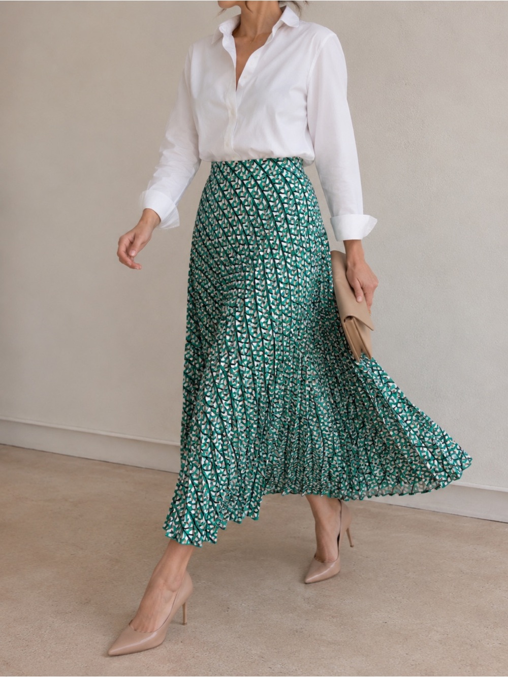 Zara Green & White Geometric Pleated Midi Skirt | High Waist Flowy